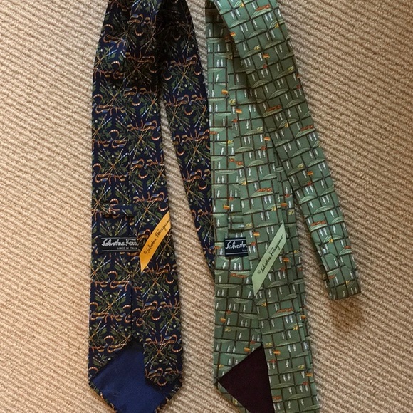 Ferragamo Ties (2)- Silk, Green, Blue - Picture 3 of 3